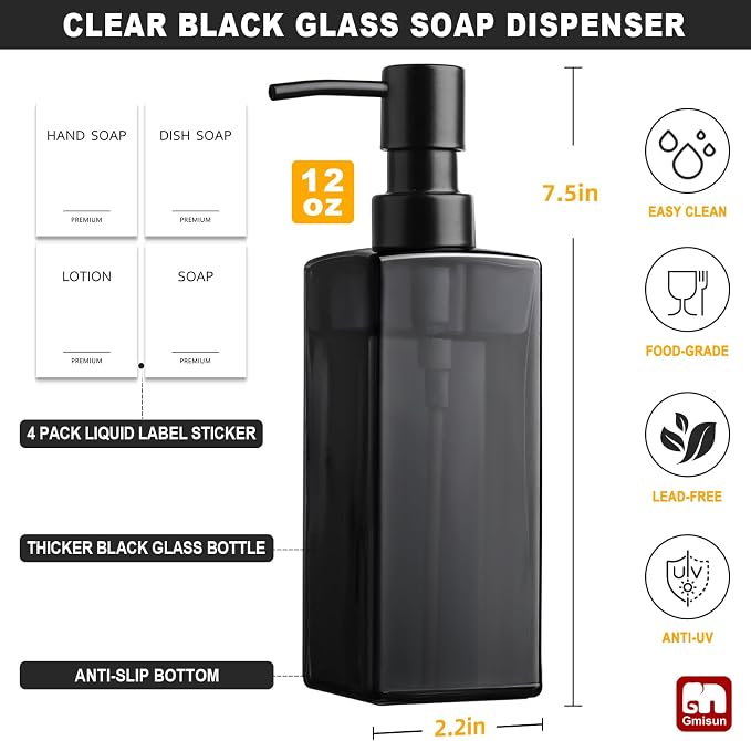 GMISUN Black Glass Soap Dispenser, Hand Soap Dispenser - Image 2