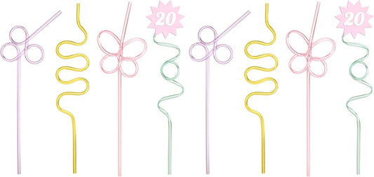 xo, Fetti Pastel Reusable Straw Set - 20 pc | Rainbow Birthday Party, Butterfly Bachelorette, Bridal Shower Decorations | Squiggly, Wavy, (Pack of 2)