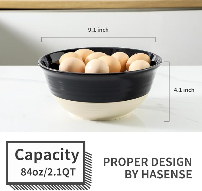 HASENSE Large Ceramic Serving Bowls Set of 2, 84 Oz 9 Inch Black & Beige - Image 3