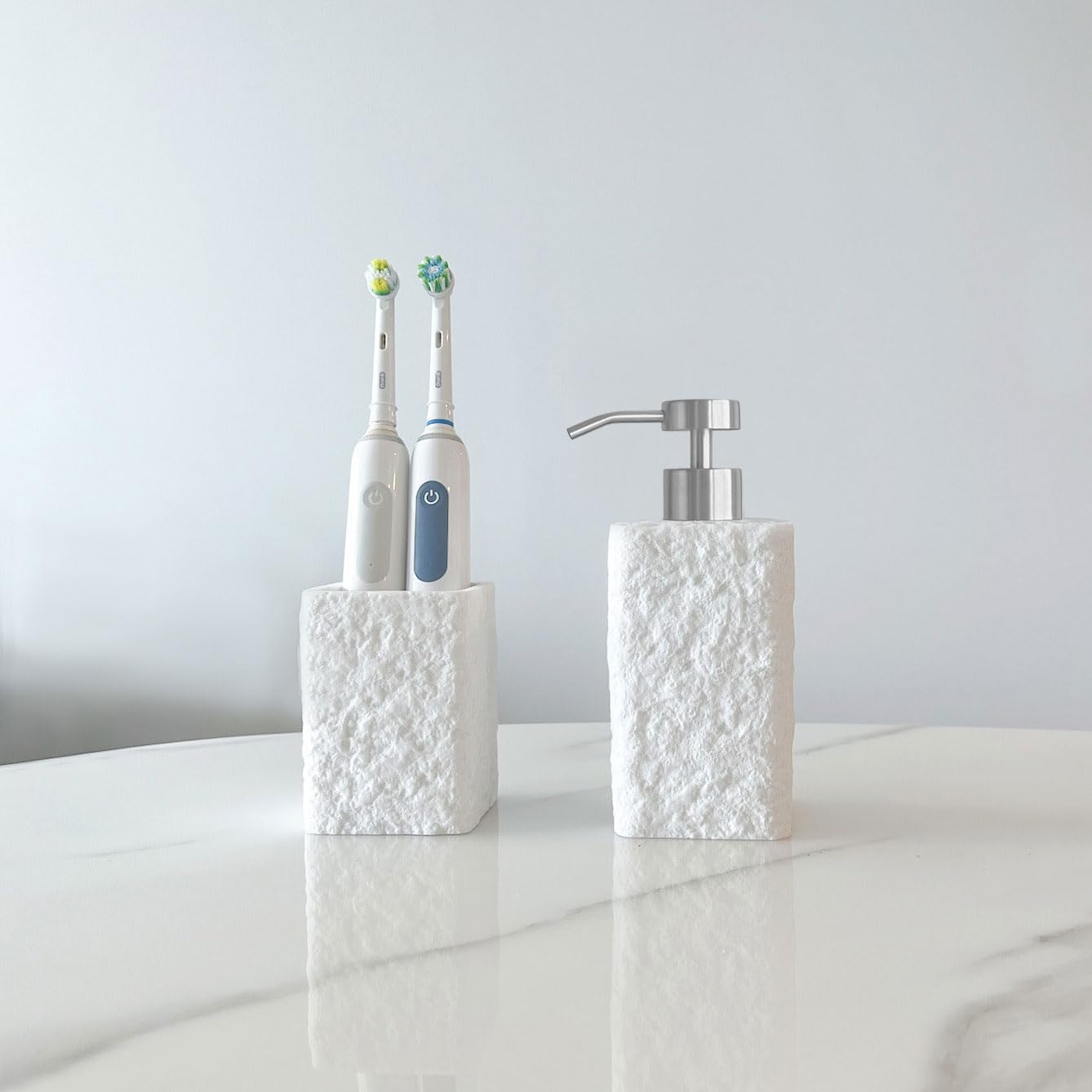 Lunestella White Textured Soap Dispenser with Stainless Steel Pump, Natural Stone Finish for Modern Farmhouse Bathroom, 12oz