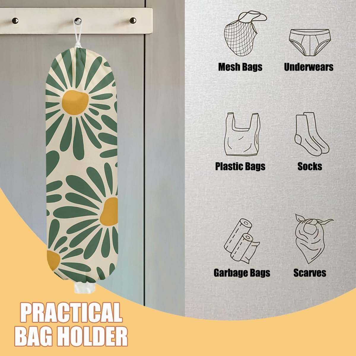 2 Pcs Botanical Plastic Bag Holder, Wall Mount Grocery Bag Holder for Plastic Storage bag, Washable Floral Grocery Bags Organizer Storage Dispenser, Pull Rope Free Adjustment, Flower Gifts for Women