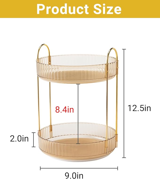 Asayuee 360 Rotating Gold Makeup Organizer, 2 Tier Large Capacity Rotating - Image 2