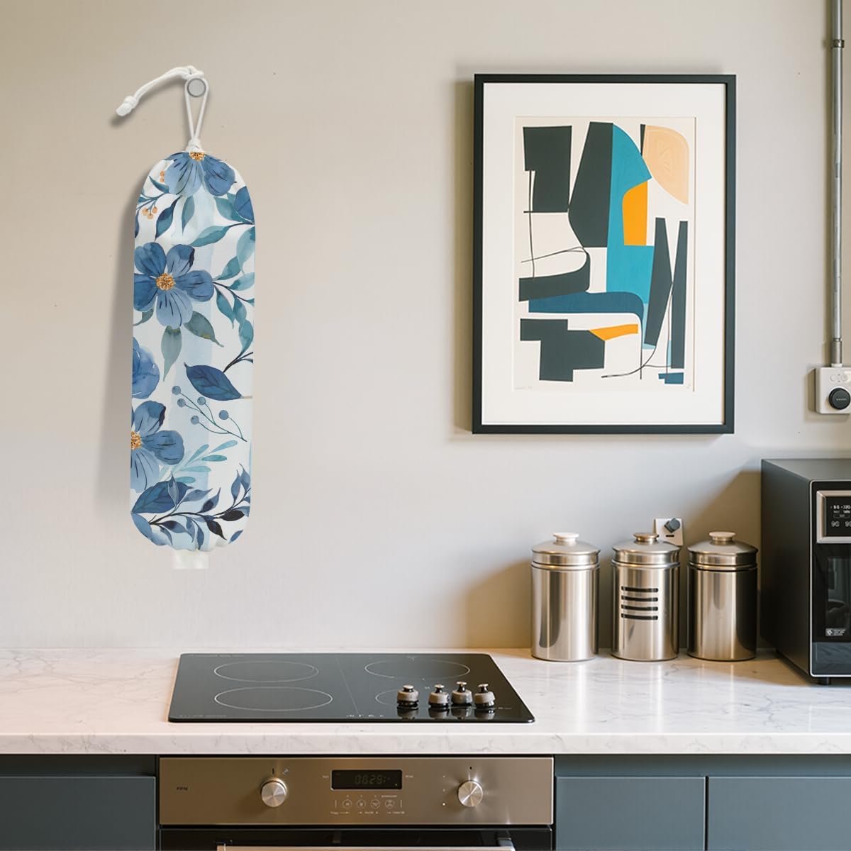 Watercolor Blue Flower Plastic Bag Holder, Wall Mount Grocery Bag Holder for Plastic Bags, Vibrant Floral Reusable Grocery Bags Storage Dispenser for Home Kitchen Decor, Flower Gifts for Women Mom