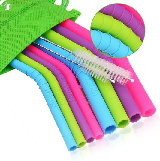 Walfos Reusable Silicone Straw - 2 Size Flexible Drinking Bendy Straws for Smoothies/20 & 30 oz Tumblers, BPA Free (4 Wide Straws + 4 Regular Straw + 2 Cleaning Brushes Excluding storage bag）