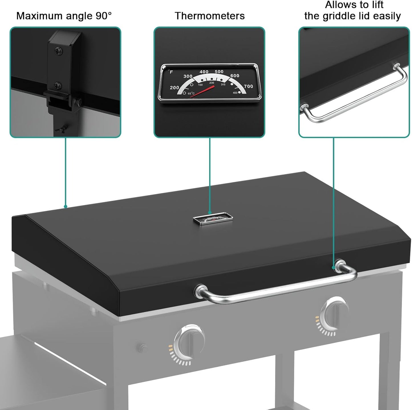 Upgraded Griddle Hinged Lid for 28" Blackstone 1517, 1853, 1605, 1803, 1839, 1856, 1885, 1924, 1983, 2094, 2137, 2145, Hard Cover with Thermometer and Cover for Blackstone 28 Inch Griddle Accessories