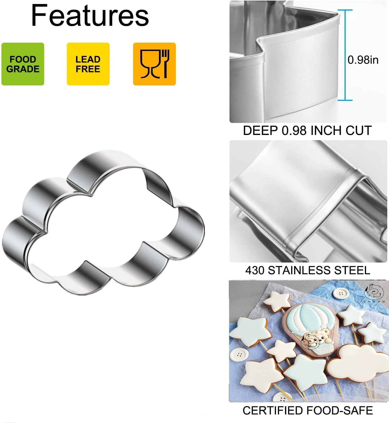 3 Pieces Star, Moon and Cloud Cookie Cutters Stainless Steel Biscuit Cutters Molds Shapes for Baby Shower or Gender Reveal Party