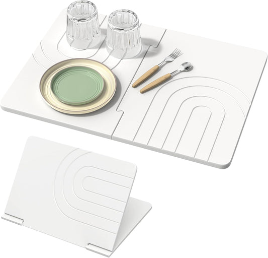 Luxspire Large Stone Drying Mat for Kitchen Counter 24"x16"- Fast-Absorbing Dish Drying Mat Non-Slip Drying Pad for Dishes, Utensils, Cups Waterproof Counter Protector for Kitchen Bathroom, White