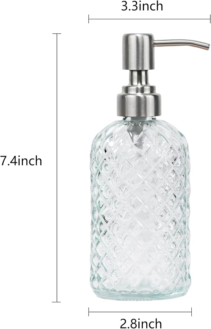 16 oz Diamond Pattern Glass Soap Dispenser, Kitchen and Bathroom Refillable - Image 3