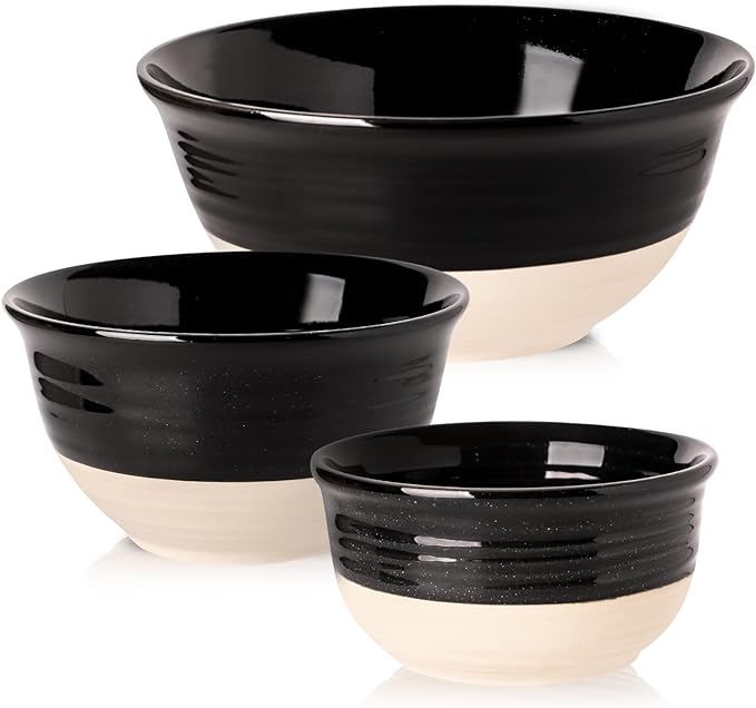HASENSE Ceramic Mixing Bowls Set of 3, 84/40/20 Oz Black & Beige Stoneware Bowls by Hasense