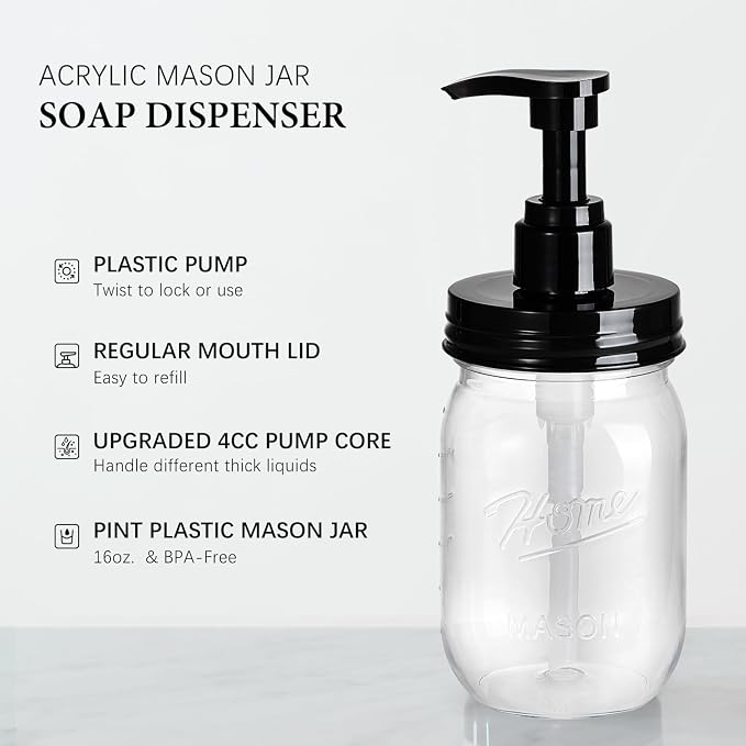 Amolliar Plastic Mason Jar Soap Dispenser - Image 2