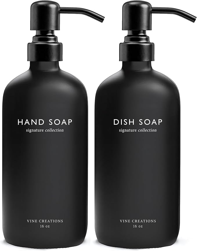 Vine Creations Black Glass Soap Dispenser Set, Dish Soap and Hand Soap by VineCreations