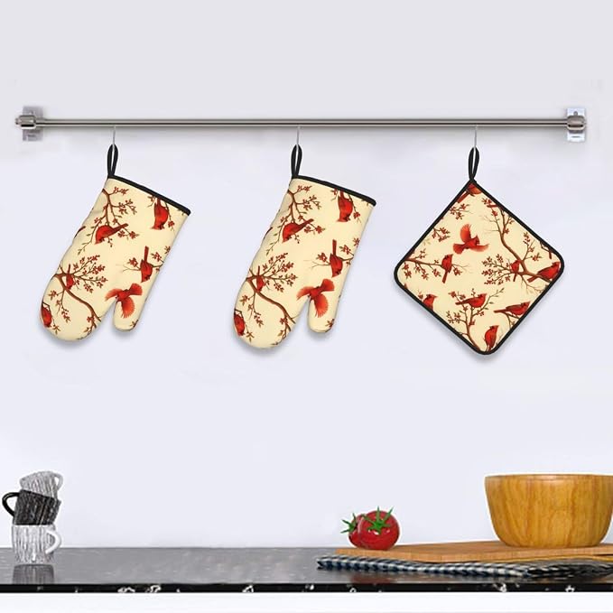 Red Cardinal Oven Mitts and Pot Holders Sets of 3, Non-Slip Christmas Heat - Image 2