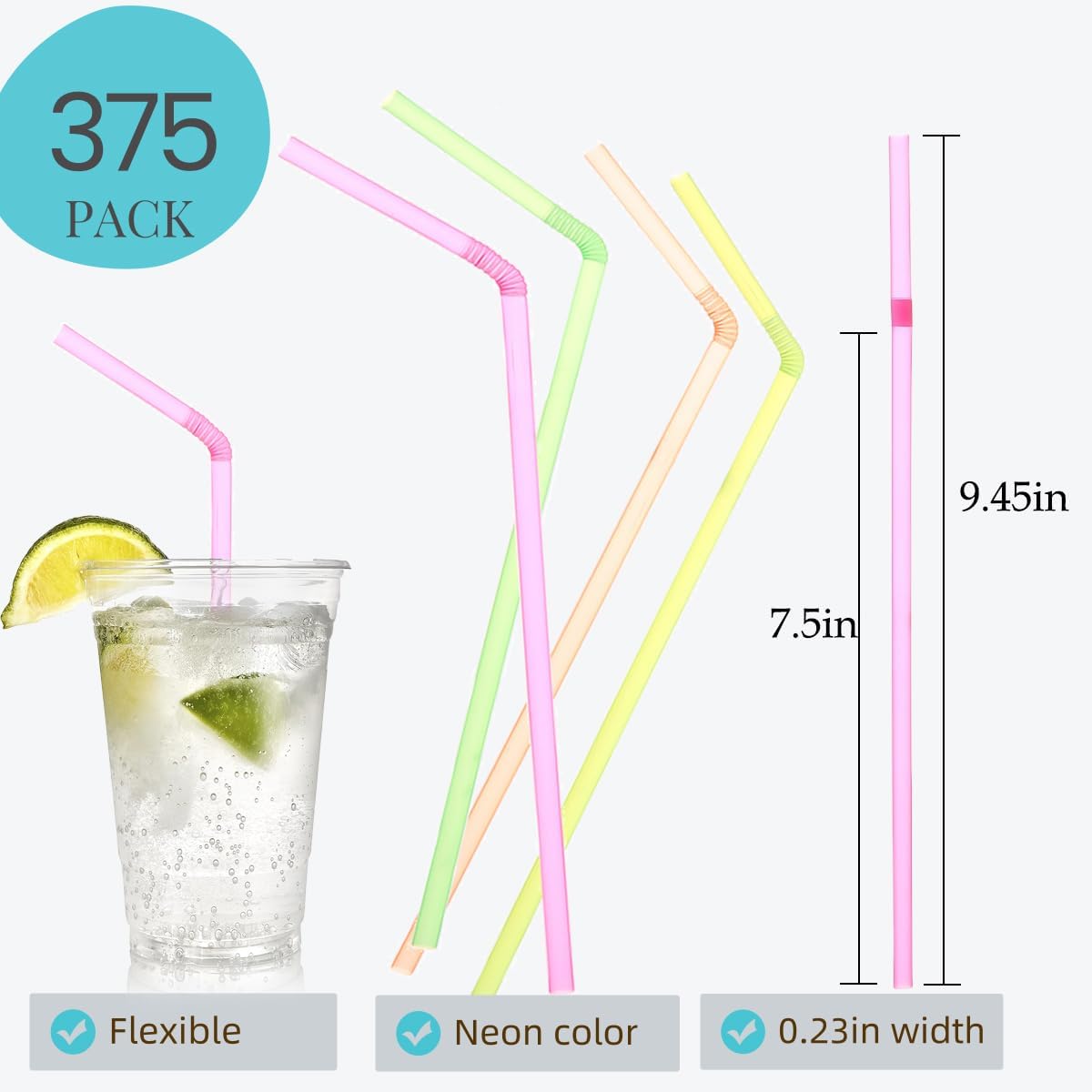 [Honest ECO ] 9.45inch Flexible Plastic Straws Extra Long Bendy Straws Prefer for Tall Glassees/Water Tumbler/Bottled Drinks/All Hot or Cold Low Viscosity Drinks (Neon)