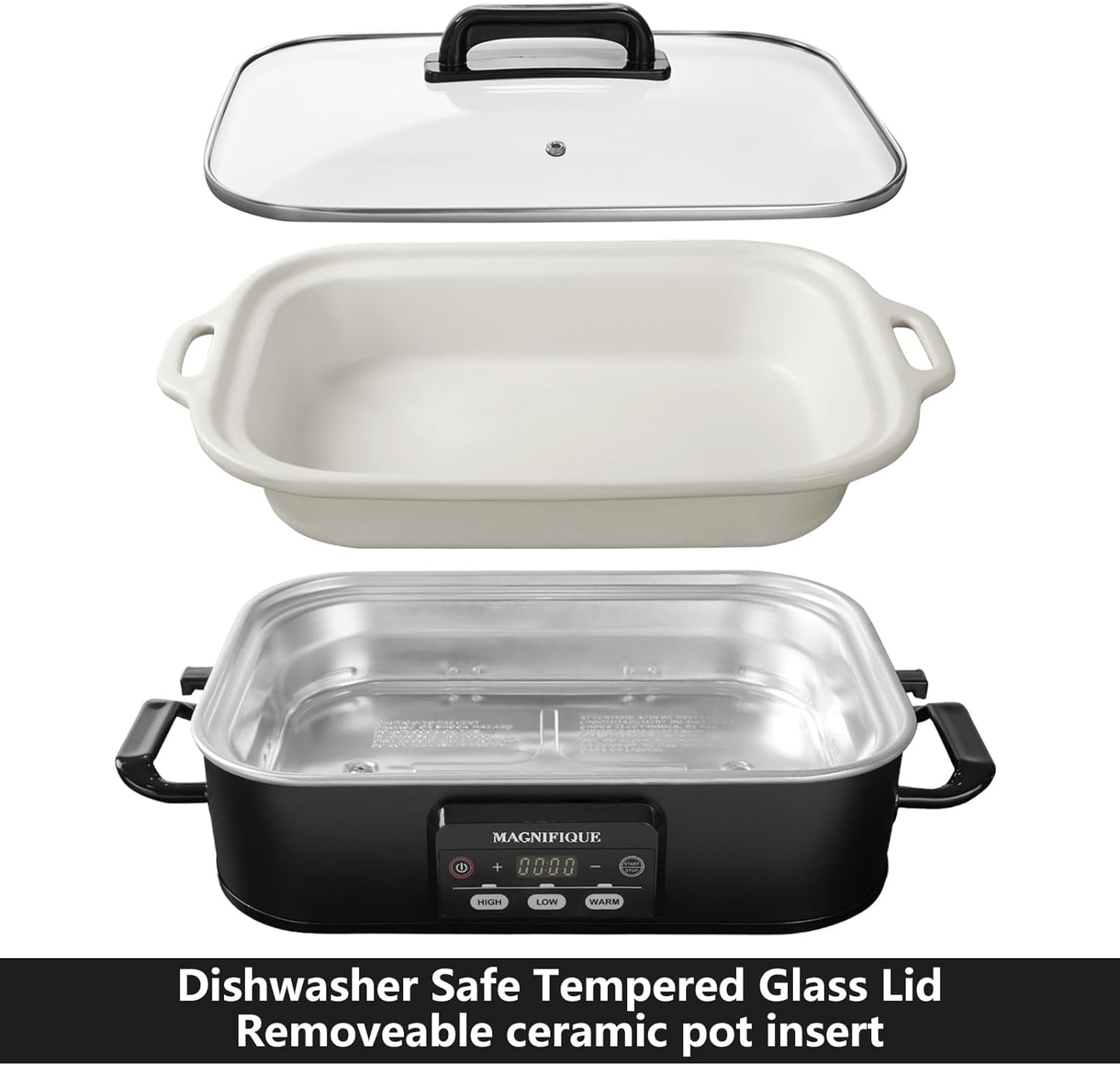 MAGNIFIQUE Small 4 Quart Casserole Programmable Slow Cooker with Ceramic Baking Dish - Perfect Kitchen Small Appliance for Family Dinners, Oven Safe and Durable Bakeware for Lasagna, Roasts