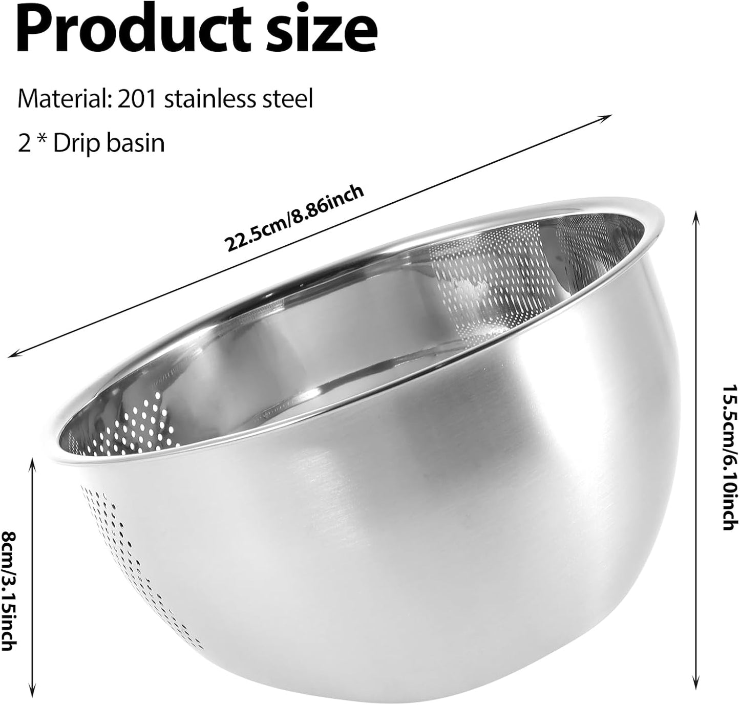 2PCS Rice Washer Strainer Bowl with Side Drainers Stainless Steel Rice Washing Bowl Multifunctional Colander for Cleaning Rinsing Fruits Vegetables Beans Silver