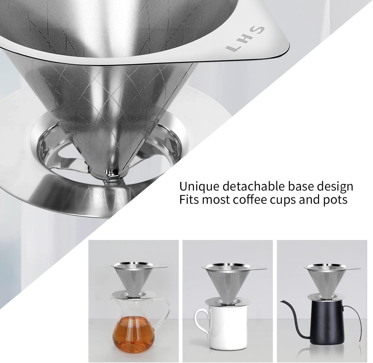 LHS Pour Over Coffee Dripper Reusable Coffee Filter Paperless Coffee Filter Stainless Steel Pour Over Coffee Maker Cone Coffee Dripper for 1-2 Cup,Argyle Pattern