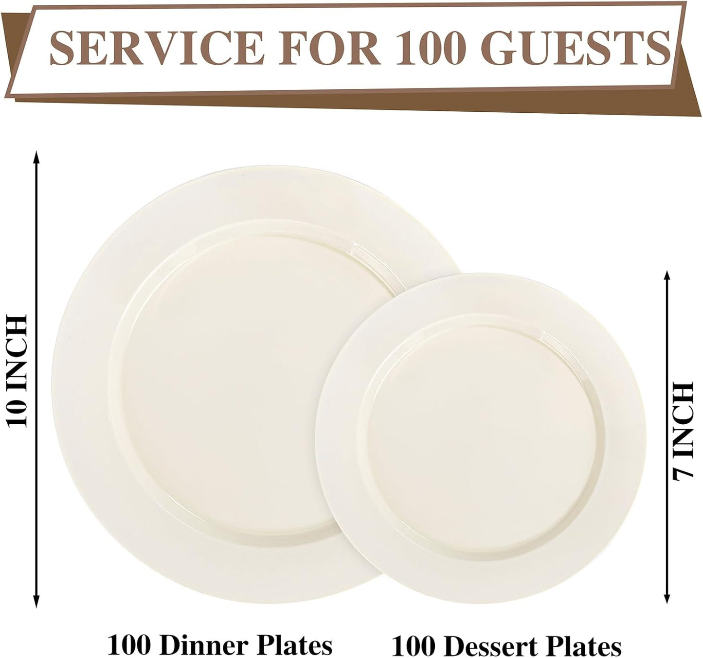 I00000 200 Pcs Ivory Plastic Plates, Disposable Party Plates Include 100 Ivory Dinner Plate 10’’ and 100 Plastic Dessert Plate 7’’ Perfect for Birthday, Party & Wedding