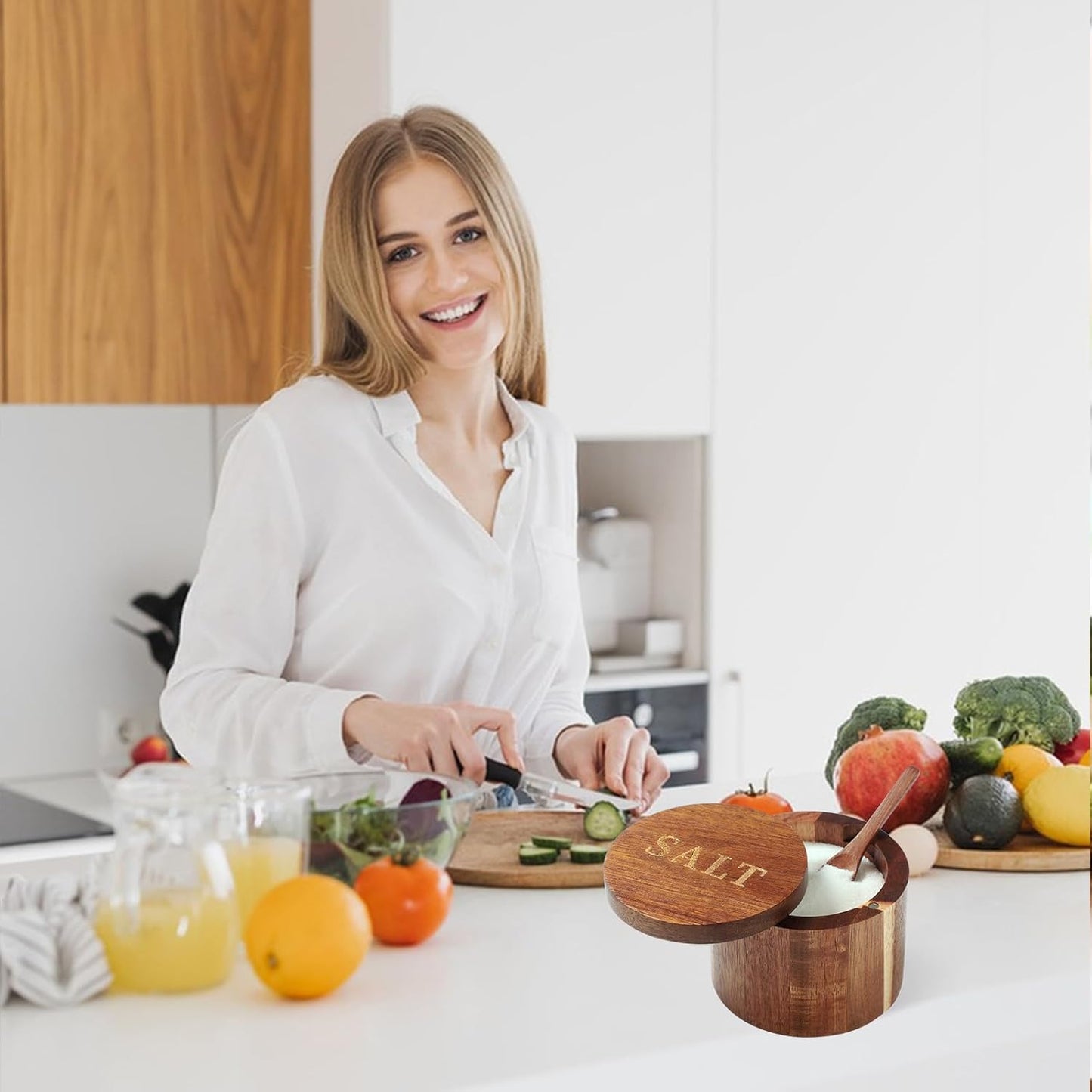 Salt Cellar, Acacia Wood Salt Container with Built-in Spoon & Swivel Lid, Engraved SALT Box, Salt Holder Bowl for Countertop Seasoning Storage
