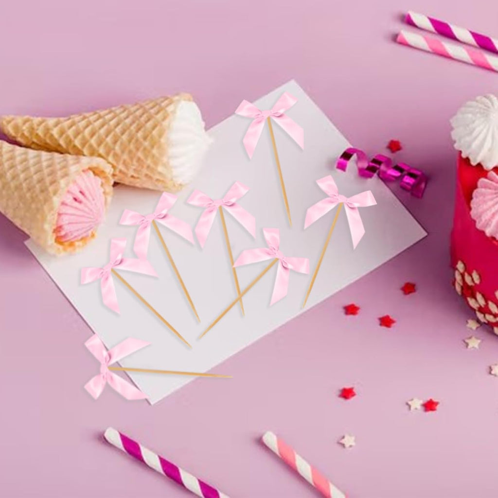Pink Bow Cupcake Toppers, 40 Pcs Bow Cake Topper Birthday Decorations Bowknot Cupcake Picks for Coquette Theme Party Decoration Bachelorette Bridal Engagement Wedding Baby Shower Party Decor