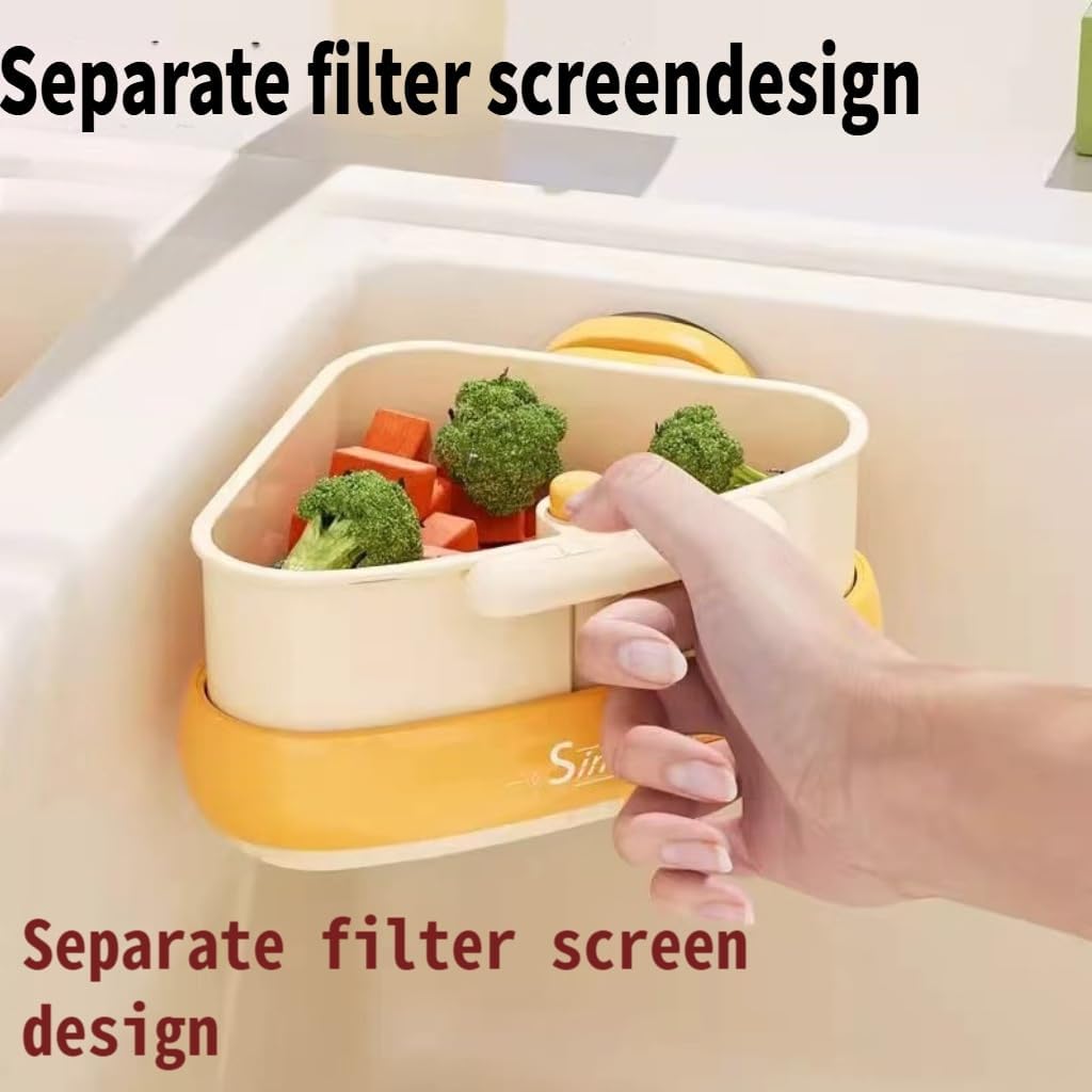 Corner Sink Strainer Basket with Suction Cups, Automatic Dumping Collapsible Food Drainer, Kitchen Sink Food Waste Catcher with Strong Hold Base (Lemon Yellow)