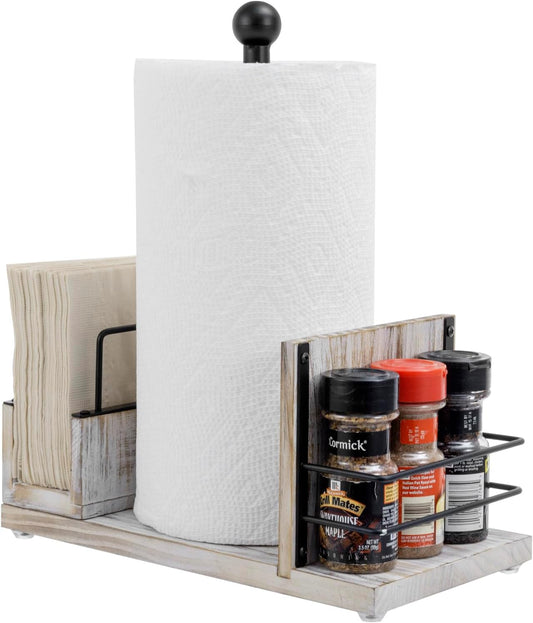 MyGift All-in-One Paper Towel Holder Kitchen Caddy, Shabby Chic Whitewashed Solid Wood and Industrial Matte Black Metal Dining Combo Rack with Paper Towel Dispenser, Napkin Holder, and Spice Rack