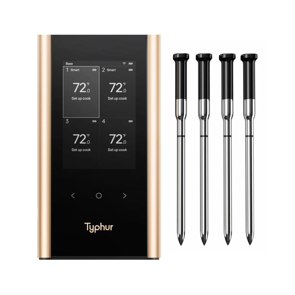 SYNC Gold Wireless Meat Thermometer | Four Slim Probes | 10x Stronger Signal Than Bluetooth | Reliable Readings Through Closed Smoker, Kamado Grill, BBQ, and Tough Obstacles | Easy-to-Use Base
