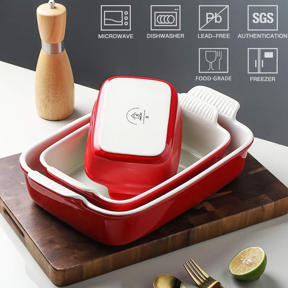 Sweejar Baking Pans Set, Ceramic 9x13 Baking Dish with Handle, Rectangular Casserole Dishes for Oven, Bakeware Sets of 3, Durable Lasagna Pan Deep for Kitchen, Banquet, Wedding Gift(Red)