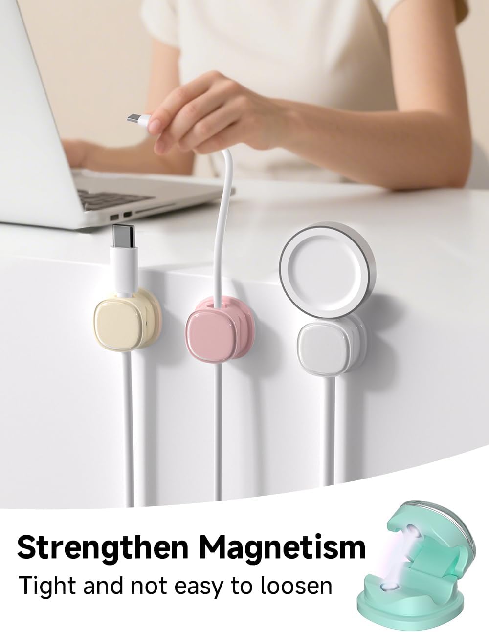 Magnetic Cable Clips, Adjustable Cord Holder Management, Adhesive Wire Keeper Organizer for Home Office Desk Phone PC Car Wall Desktop Nightstand Appliance (9-PCS White_Purple_Cyan_Apricot)
