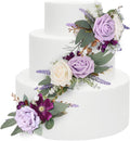 Rinlong 3Pcs Pre-made Purple Cake Flowers Decorations Flower Cake Topper Butterfly Cake Decorating Flowers for Wedding Sweet 16 Birthday Girl