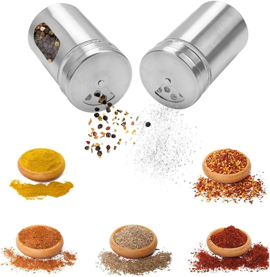 6 Pack Salt and Pepper Shakers, 80ml Spice Jars with Shaker lids, Salt Shakers Glass with Adjustable Pour Holes, Stainless Steel Seasoning Containers, Spice Bottles Glass for Kitchen