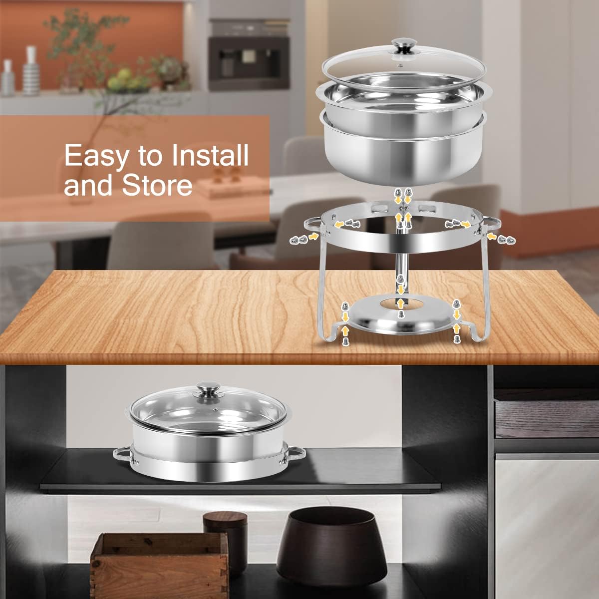 6 Packs Round Chafing Dish Buffet Set, 4 QT Stainless Steel Chafing Dishes with Glass Lid & Lid Holder, Catering Food Warmers for Parties Buffet Weddings Events