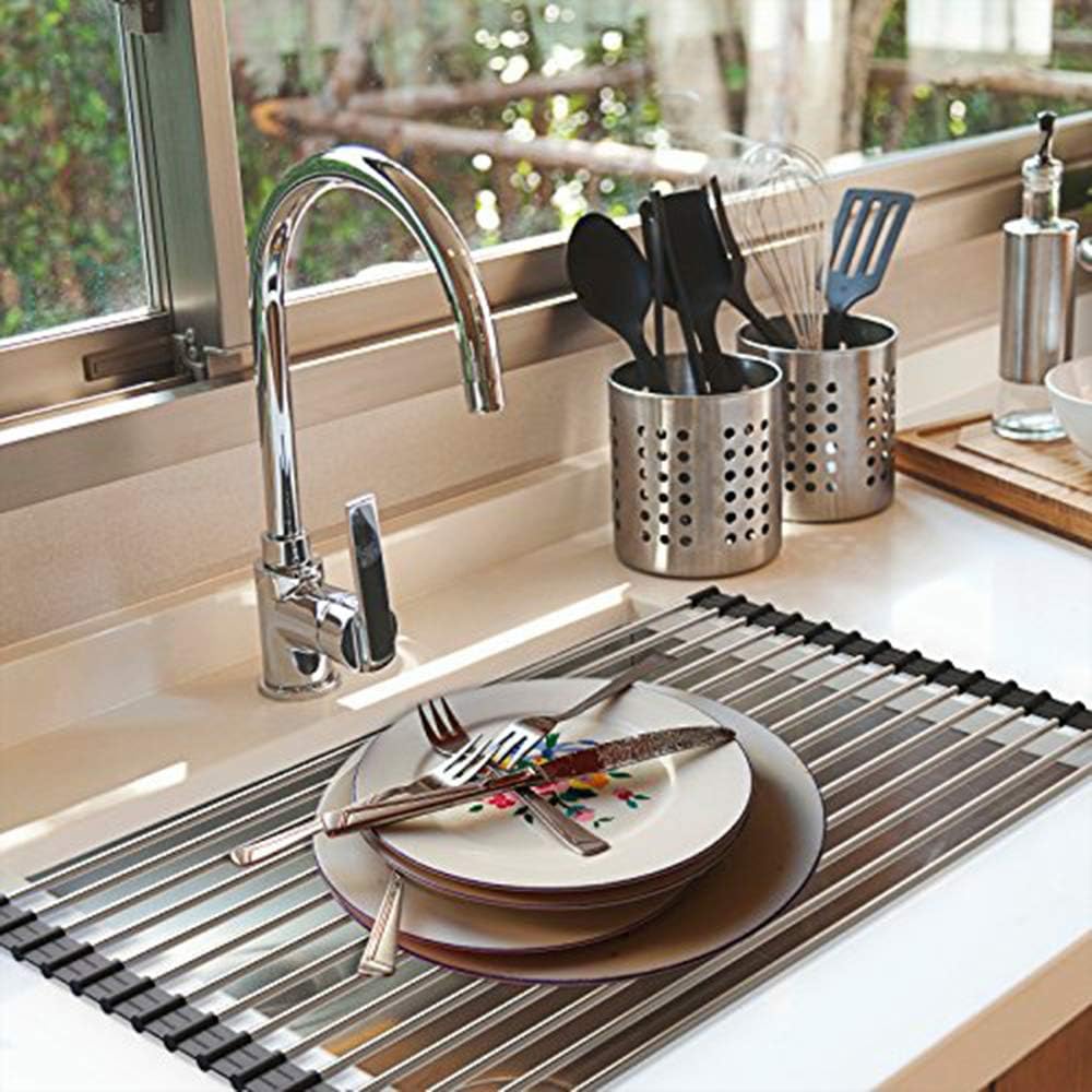 Ahyuan Roll up Dish Drying Rack Over The Sink Kitchen Roll up Sink Drying Rack Portable Dish Drainer Foldable Dish Drying Rack (Black, 20.5''X11.2'')