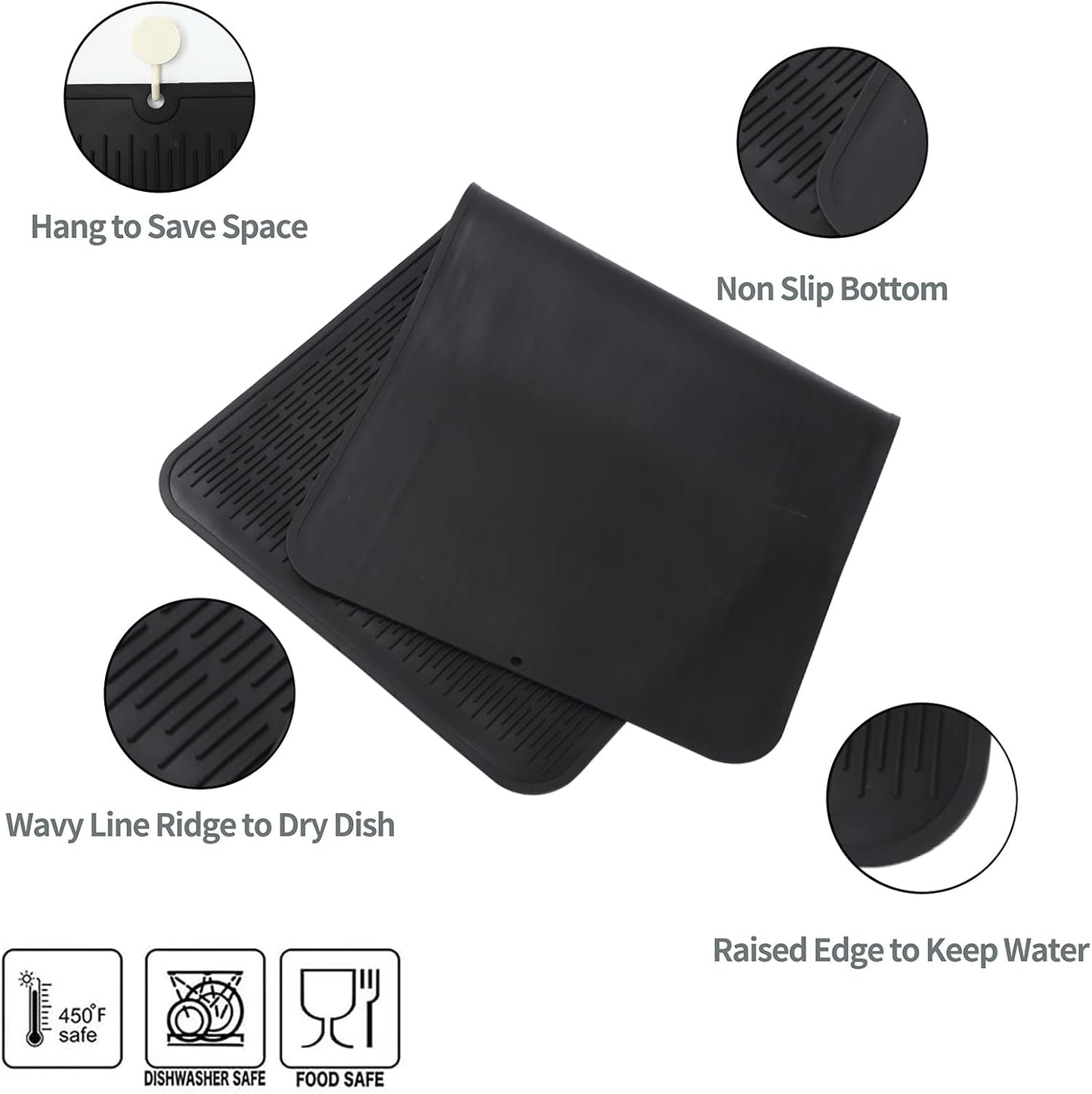 Silicone Dish Drying Mat for Multiple Usage,Easy clean,Eco-friendly,Heat-resistant Silicone Mat for Kitchen Counter or Sink,Refrigerator or Drawer Liner Black 5XL 36inches x 18inches