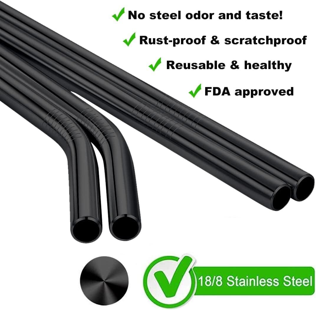 Vinaco Reusable Wide Mouth Straws - 8.5" & 10.5" Stainless Steel, Set of 4 with CleanerBrush, Black Metal Straws forThicker Drinks