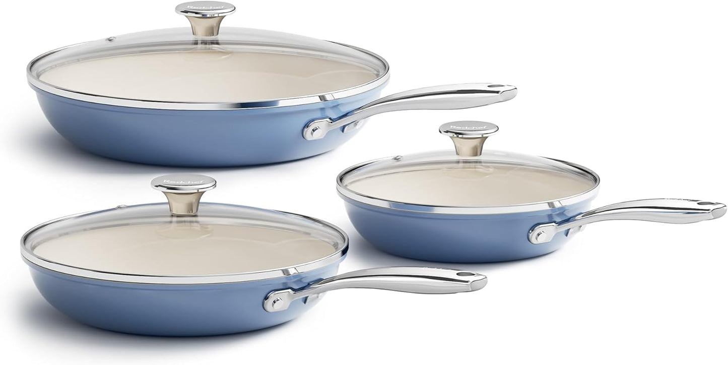 Redchef Nonstick Cookware Sets, Ceramic Frying Pan Set with Tempered Glass Lids, Non Stick Cooking Set, Dishwasher & Oven Safe, Induction Safe, Compatible with All Cooktops, Blue (8", 9.5", 11")