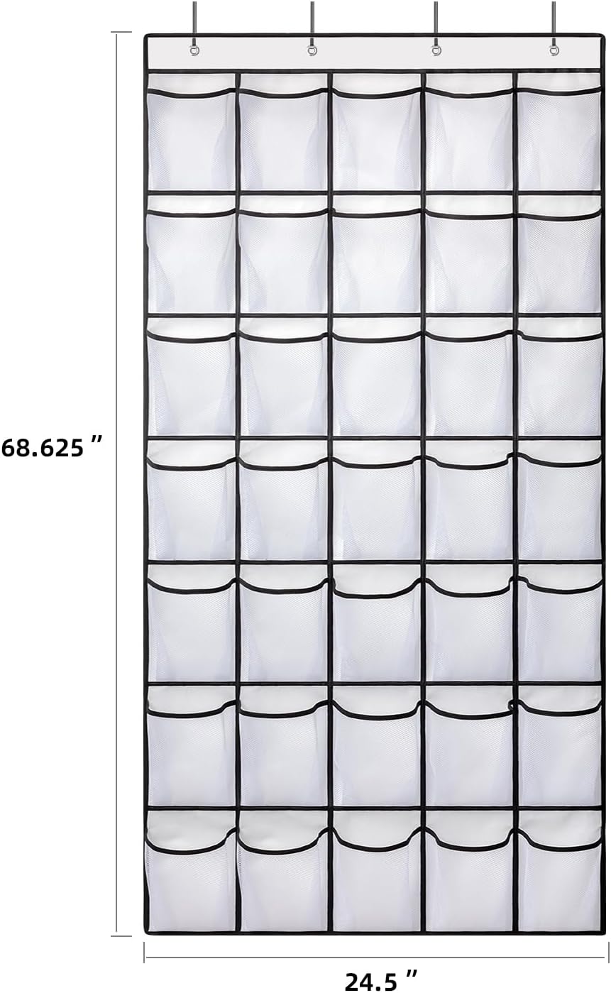 35 Pockets Over the Door Shoe Organizer, Hanging Shoe Organizer for Door with 35 Mesh Pockets Large Capacity Shoe Hanging Storage Bag with 4 Metal Hooks (White-1Pack)