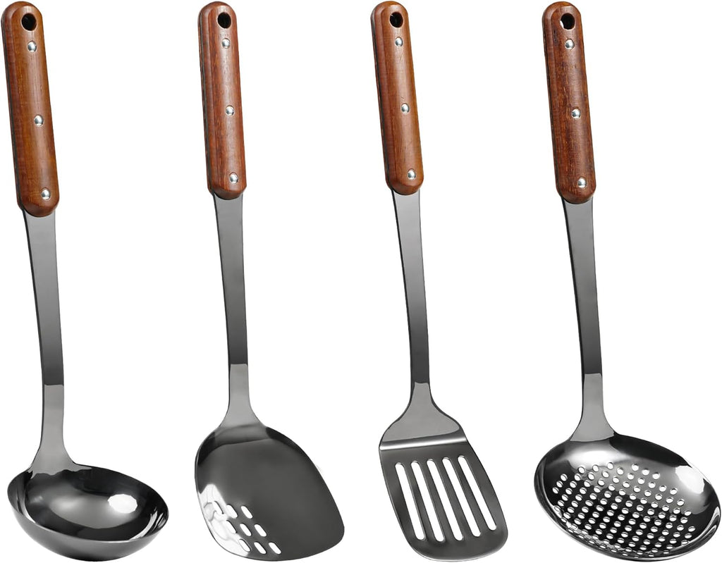 FJNATINH Stainless Steel Wok Spatula,Slotted Spatulas,Ladle,Skimmer Ladle Tool Set,Mirror Polished Cooking Utensils Kitchen Cookware, Pack of 4,Black