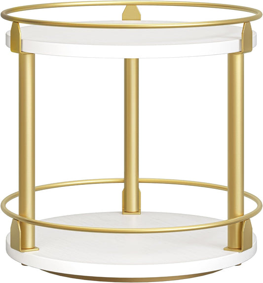 Lazy Susan Organizer, Rotating Spice Rack, 2 Tier Spice Turntable Organizer, Industrial Turntable Spice Holder, for Kitchen Countertop and Cabinet, Compact and Versatile, White and Gold SR22DW