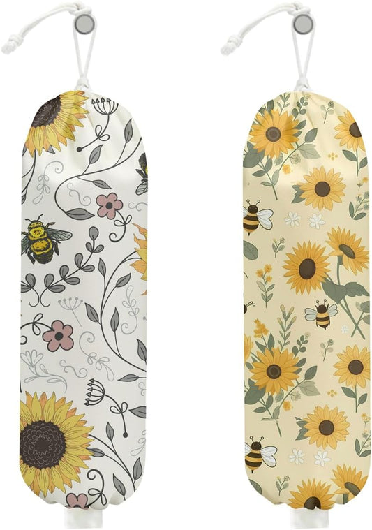 2Pcs Cute Bee Plastic Bag Holder, Wall Mount Grocery Bag Holder for Plastic Bags, Vintage Rustic Sunflower Reusable Grocery Bags Storage Dispenser for Home Kitchen Pantry, Sunflower Gifts for Women