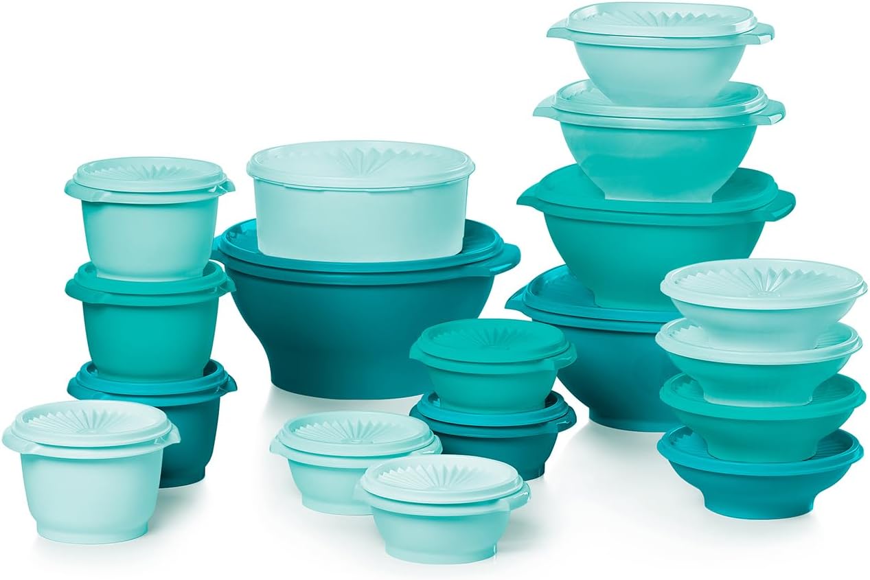 Tupperware Heritage Collection, New 36 Piece Food Storage Container Set in Vintage Green, Dishwasher Safe and BPA Free (18 containers, 18 lids)