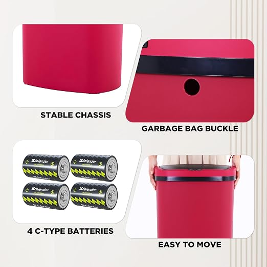 PayLessHere | 13 Gallon Plastic Trash Can | Red | Automatic Touchless Lid - Image 4