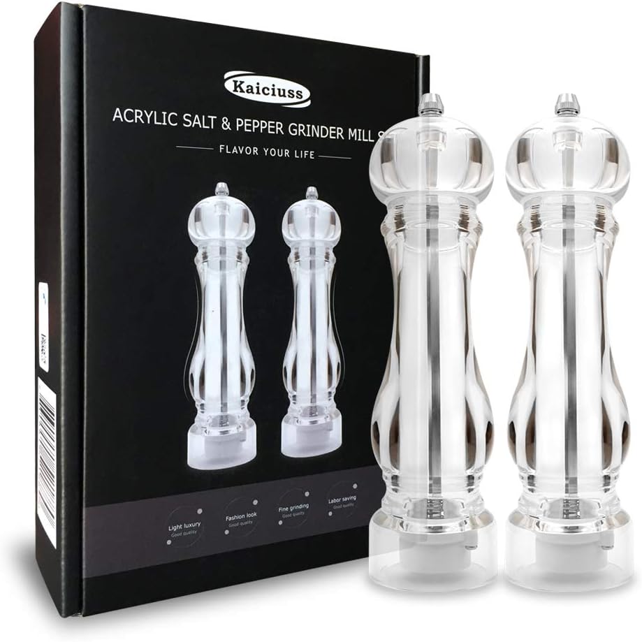 salt and pepper grinder mill set refillable large,the best transparent acrylic grinders for whole peppercorn and himalayan salt