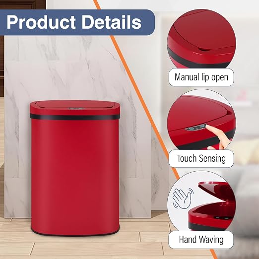 PayLessHere | 13 Gallon Stainless Steel Trash Can | Red | Automatic Touchless - Image 3