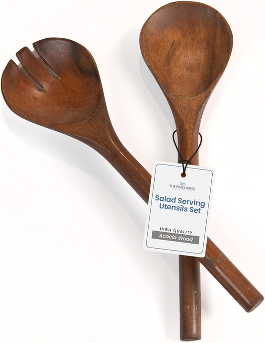 The Fine Living Co. Acacia Salad Servers, 11 Inches Wooden Spoon, Handcrafted Kitchen Utensils for Mixing, Tossing, Cooking (2-Piece Set, Walnut)