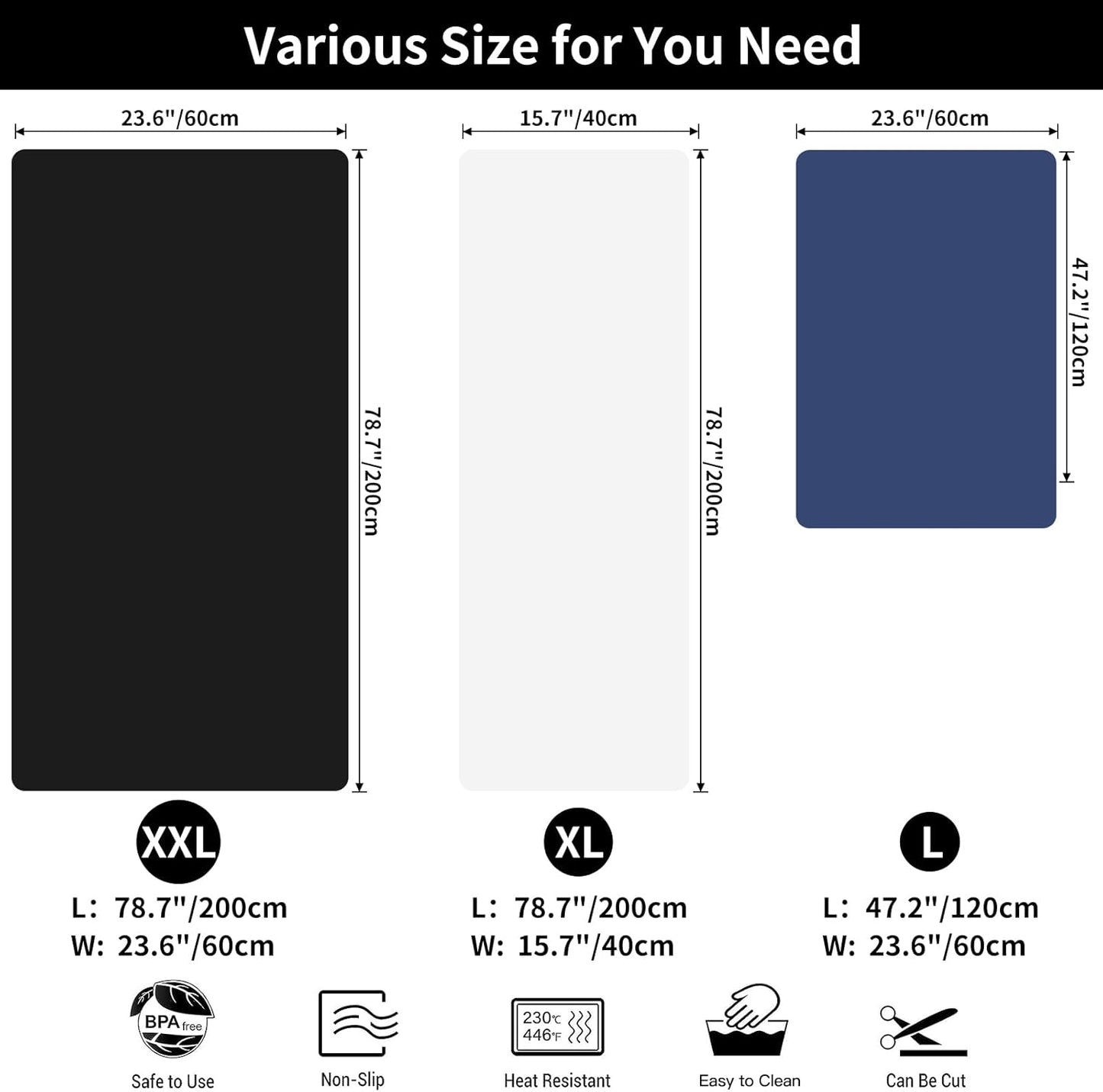 Extra Large Silicone Mat, 78.7”x 23.6”Non-Slip Heat Resistant Mats, Thicken Kitchen Countertop Protector Mat, Cuttable Waterproof Protector Mats for Kitchen Counter or Crafts (Semitransparent)