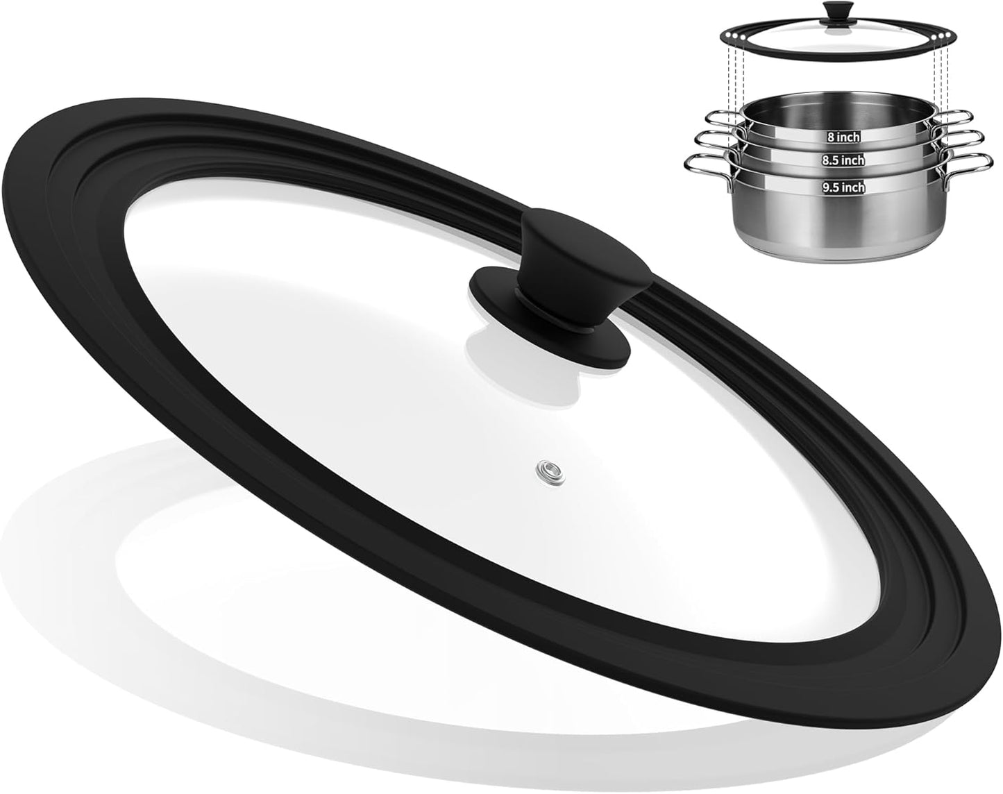 Universal Lid for Pots, Pans and Skillets Vented Tempered Glass with Heat Resistant Silicone Rim, Fits 8 inch, 8.5 inch, 9.5 inch Cookware, Replacement Lid, Black