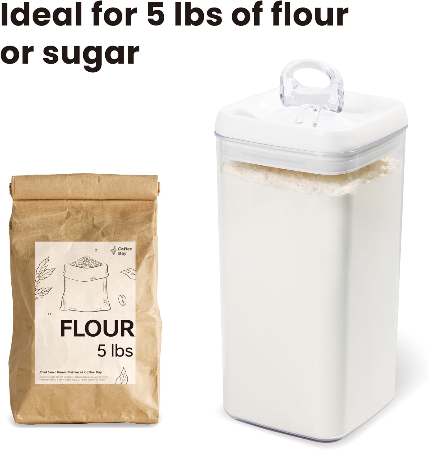 Felli Flip Tite Acrylic Food Storage Container with Lid 6” XL Air Tight Ring Seal Flip Top, Plastic Kitchen Baking Canister for 5 lb Flour Sugar Rice Protein Powder Pantry Organizer (Nest-M, White)