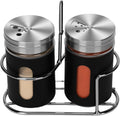 Glass Salt and Pepper Shaker Set with Seasoning Rack, Spice Rack, Adjustable Pour Hole Stainless Steel Lid, 2.8 oz, Spice Dispenser for Salt, Pepper, Spice Preservation (black)