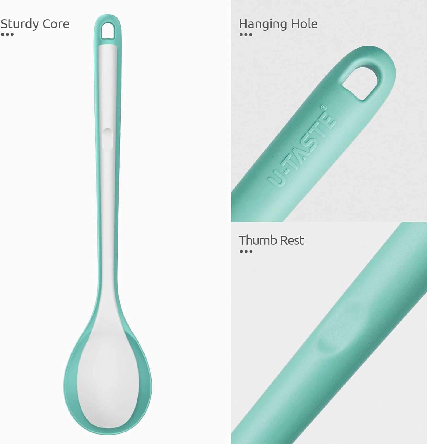 13.3" Solid Cooking Spoon: U-Taste 600ºF Heat Resistant Kitchen Mixing Spoon, Food Grade Nonstick Long and Large Rubber Soup Utensil for Serving, Stirring, Basting, for Pot Cookware (Aqua Sky)