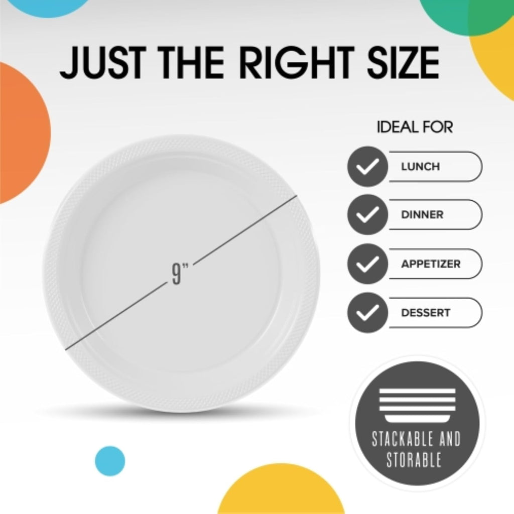 Exquisite Party Solids White Plastic Plates For Party 9" White Disposable Plates Heavy Duty Supplies 100 Pcs Plastic Dinnerware Sets Heavy Duty 350 GSM Disposable Dinnerware Set